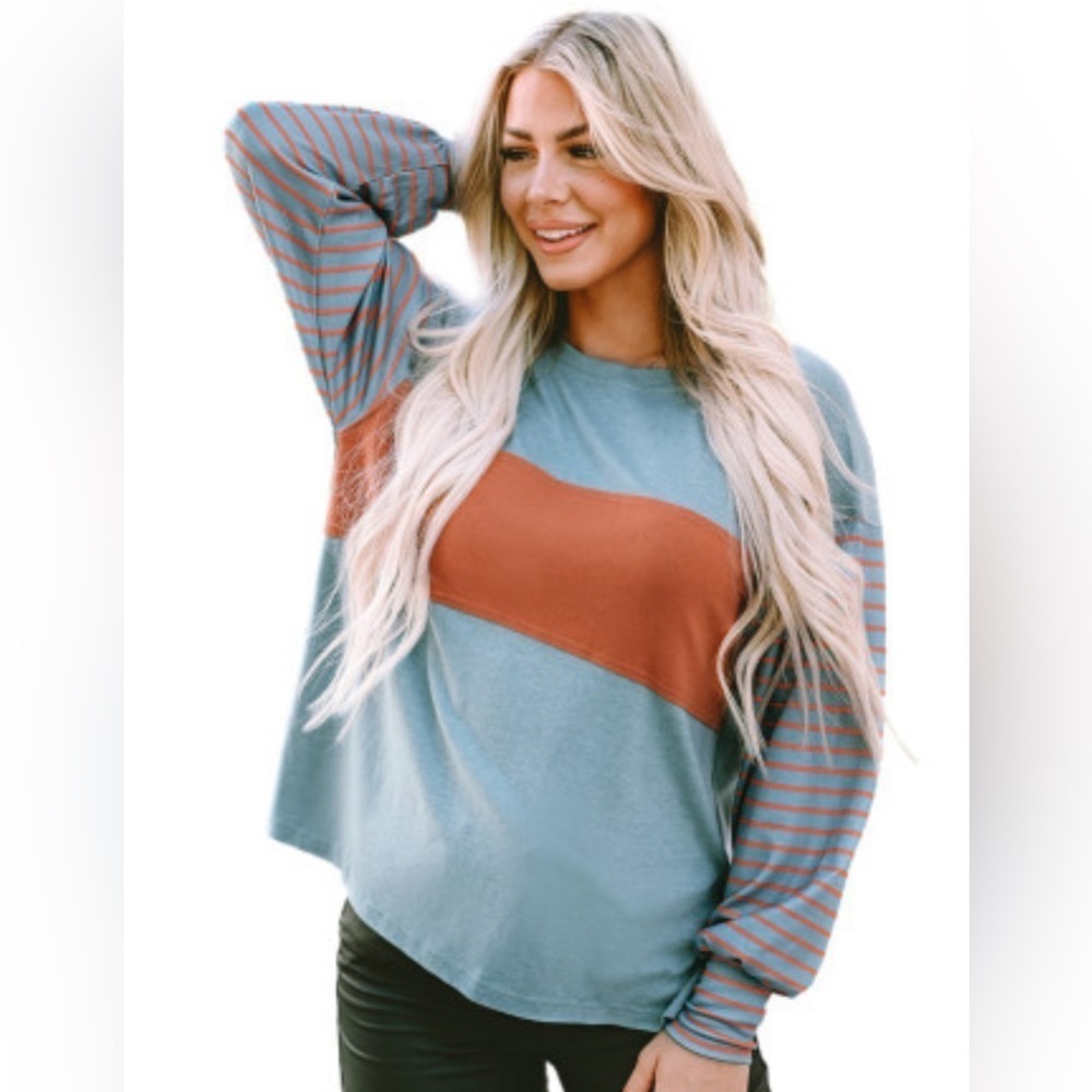 NEW Teal Green & Rust Orange Colorblock Crewneck Pullover Striped Bishop Sleeves